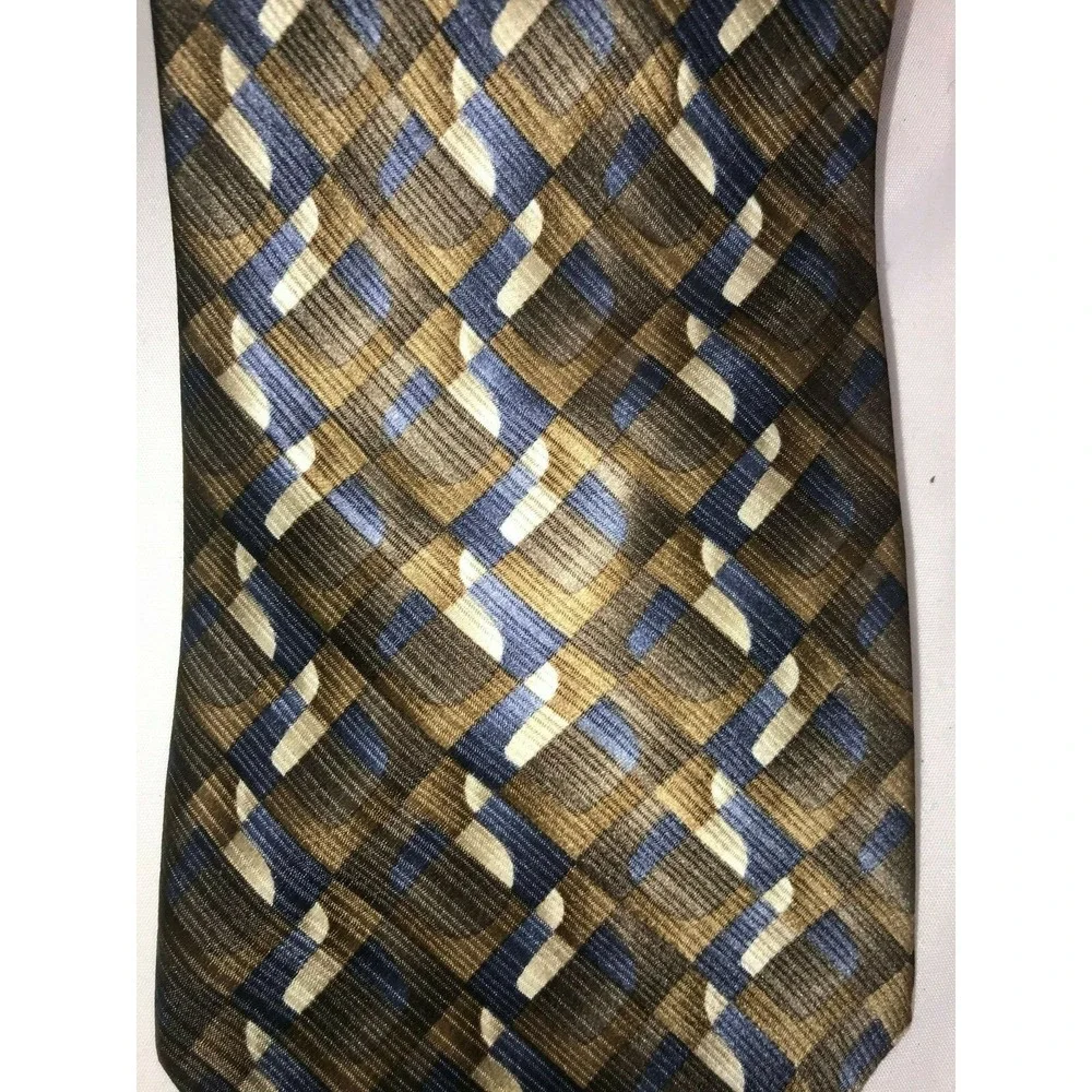 NOS Nubio Collezione Esclusivo Geometric Brown Tan Blue Silk‎ Neck Tie 58